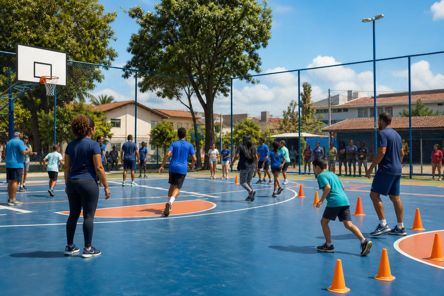 Imagem demonstrativa gerada por IA de um evento esportivo comunitário inclusivo em uma quadra pública