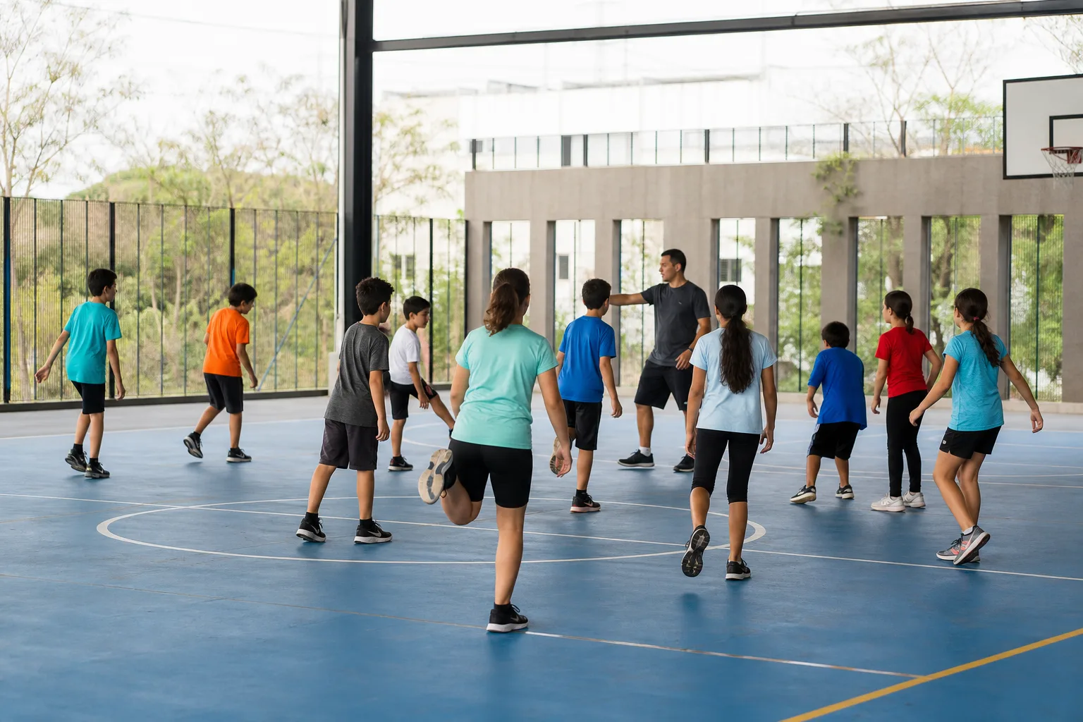 Imagem demonstrativa gerada por IA de uma atividade esportiva escolar conduzida por um orientador em plano aberto