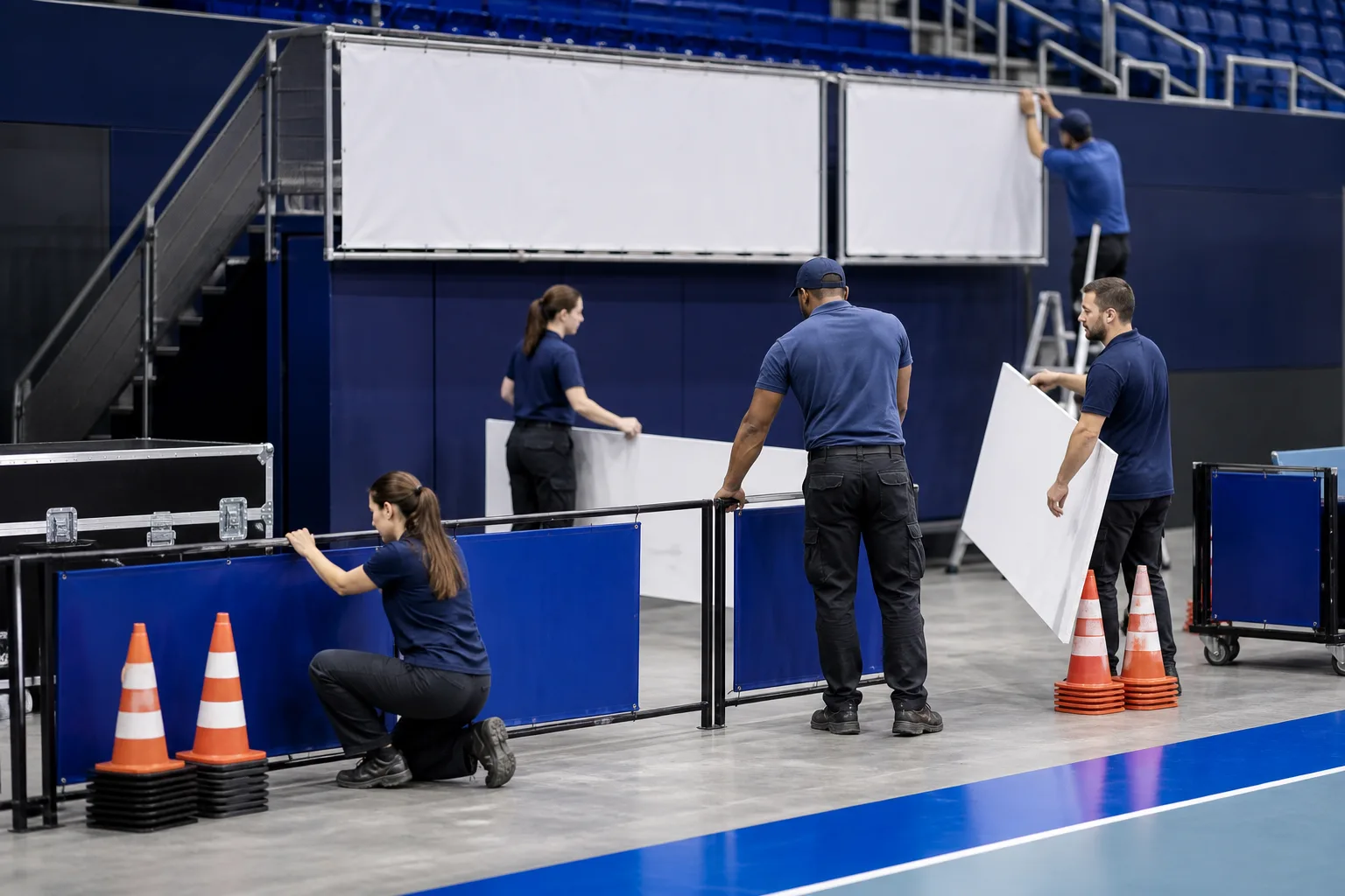 Imagem demonstrativa gerada por IA de uma equipe organizando materiais e estrutura de um evento esportivo