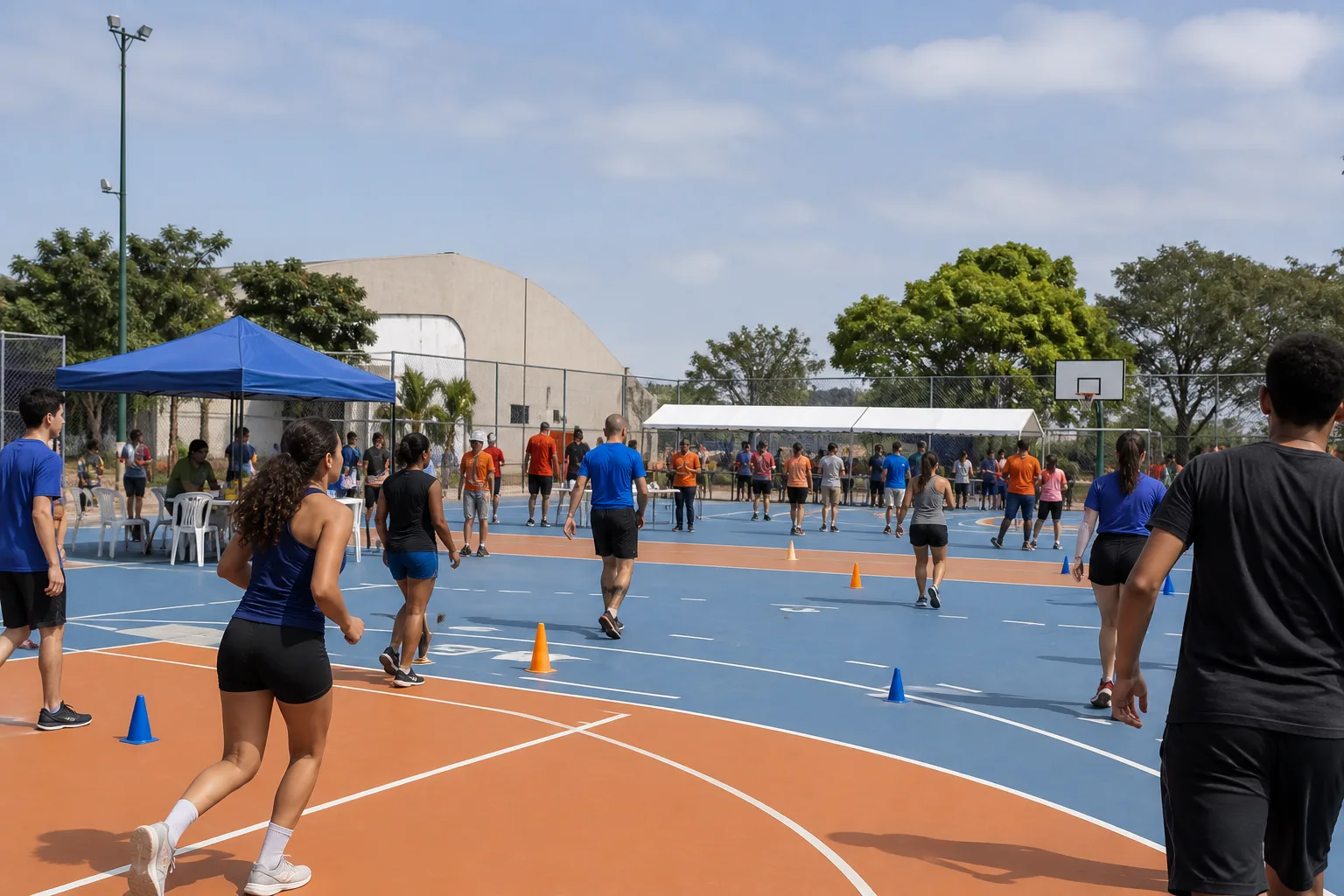 Imagem demonstrativa gerada por IA de um evento esportivo comunitário organizado, com participantes e equipe de apoio em uma quadra aberta
