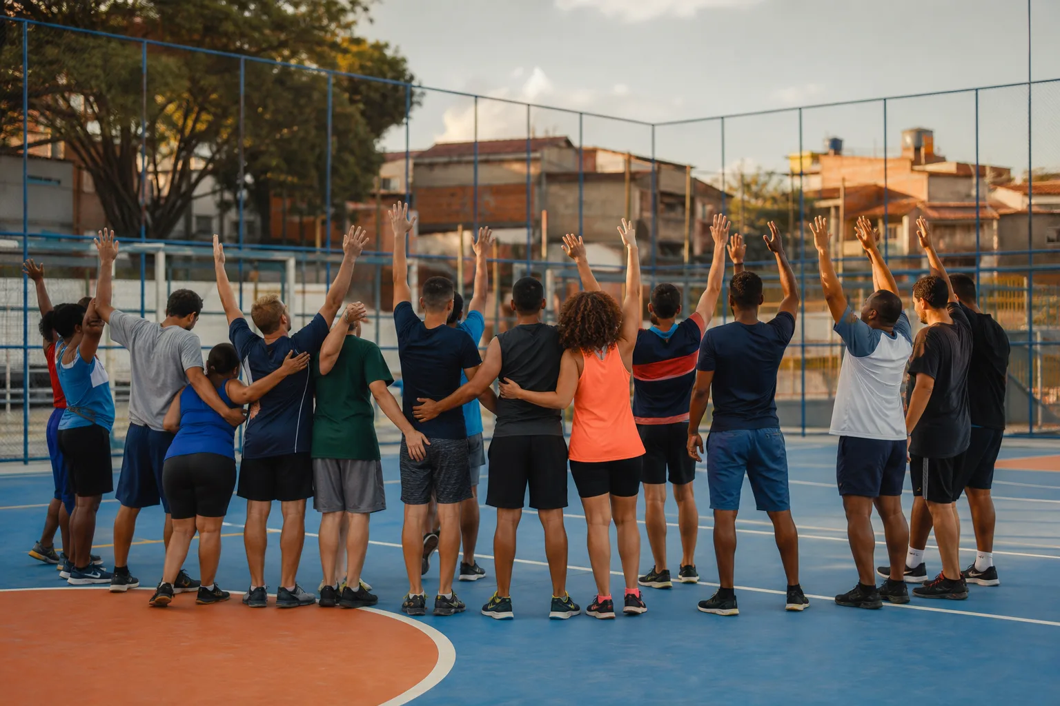 Imagem demonstrativa gerada por IA de um grupo celebrando discretamente após uma atividade esportiva
