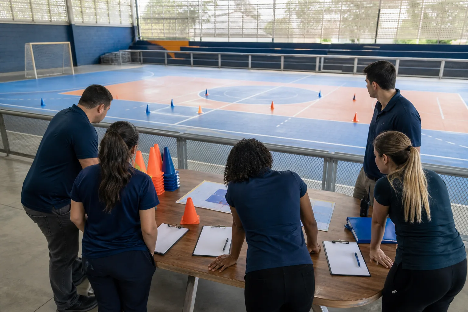 Imagem demonstrativa gerada por IA de uma equipe planejando um evento esportivo com pranchetas e cones